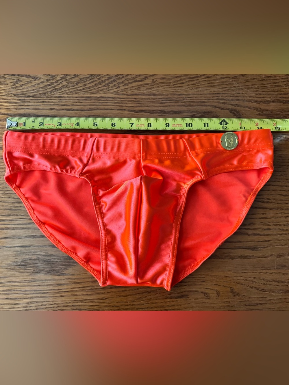 Men’s Slick It Up Neon Coral Hyper-Gloss Swim Brief - Size Medium (31-33) View 4